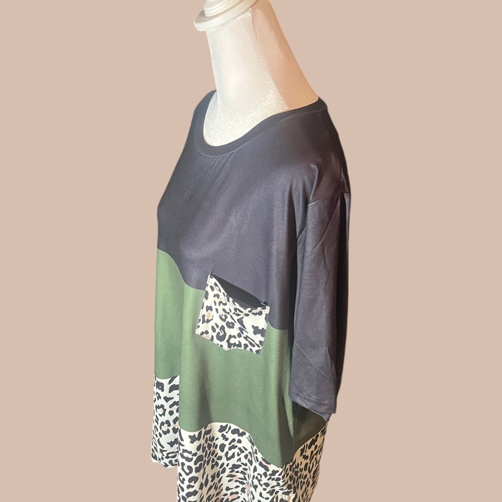 NWT Plus Size Color Block Crew Neck T-Shirt Womens Plus Size Clothing army green - Picture 2 of 6